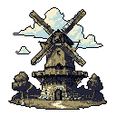 This pixel art depicts a weathered windmill with stationary sails, rendered in muted tones against a stark background with fluffy clouds. The scene evokes a sense of quiet solitude and historical charm.