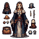 A pixel art sorceress stands regally with her inventory displayed around her on a black background, showcasing her dark blue robes, earthy accessories, and a hint of magical power. The scene evokes a nostalgic RPG vibe with its character selection screen aesthetic.