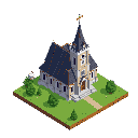 This isometric pixel art showcases a serene church with a tall spire and detailed stone walls. A pathway leads to the building amidst a small patch of green grass, evoking a sense of peaceful nostalgia.