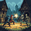 A pair of heroes face off against skeletal foes in a pixelated medieval town square, with one drawing a weapon and the other unleashing a magical attack.