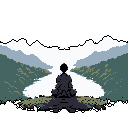 A silhouetted figure sits in meditation, gazing out at a tranquil river landscape. The pixel art evokes a sense of peaceful solitude and introspection.