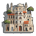 This pixel art showcases a meticulously detailed, multi-tiered Mediterranean/Middle Eastern architectural marvel. The focus is on the structure's intricate design, featuring arched windows, terracotta roofs, integrated greenery, and a prominent central dome. The earthy color palette and aged feel evoke a sense of historical charm and timeless beauty.