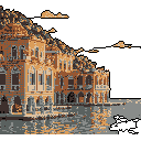This pixel art showcases a detailed, historical European waterside city with intricate architecture reflected in the calm water. The warm, muted colors and dark sky create a nostalgic and peaceful atmosphere, evoking a sense of timeless beauty.