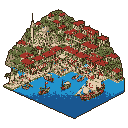 This pixel art showcases a bustling coastal town built vertically up a verdant hill, its red-roofed buildings overlooking a busy harbor filled with ships. The isometric view captures the charm of this thriving, self-sufficient settlement nestled between the green hillside and the blue sea.