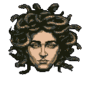 This pixel art portrait depicts Medusa's disembodied head, her snake-filled hair rendered in earthy tones. Her intense, unwavering gaze and the stark black background evoke ancient mystery and a sense of isolated observation.