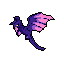 A vibrant, indigo and pink pixel art creature, possibly a dragon or winged feline, leaps from the stark blackness. With a playful expression and striking wing, it evokes the charm of retro fantasy sprites.