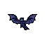 A stylized, indigo bat-like creature with vibrant cyan and pink accents soars against a stark black void. This minimalist pixel art evokes a sense of mystery and fantastical flight.