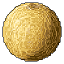 This pixel art showcases a textured, cantaloupe-like sphere rendered in warm, earthy tones. The image focuses on the realistic depiction of the fruit's surface against a stark black background.