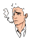 This pixel art portrait captures a melancholic man in profile, cigarette in hand, lost in thought. His slumped posture and furrowed brow, rendered in muted tones against a black void, evoke a sense of quiet solitude.