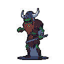 This pixel art depicts a battle-ready orc, armed with a knife and dagger, poised for action. The character's rugged design and aggressive stance convey a sense of raw power and imminent conflict.