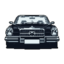 This pixel art image features a minimalist, front-view of a vintage Mercedes-Benz sedan rendered in cool grayscale tones. The iconic car, with its distinctive grille and headlights, evokes a sense of classic elegance and automotive history.