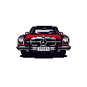 This pixel art image showcases a vintage, red Mercedes-Benz sedan head-on, its iconic design rendered with striking detail. The classic car's chrome accents and distinctive features are highlighted against a stark black background, evoking a sense of nostalgic elegance.