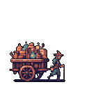 A lone traveler in dark clothing hauls a heavily laden cart overflowing with goods, suggesting a long journey in this earthy-toned pixel art piece. The figure's bent posture and walking stick hint at the effort and perseverance required for their solitary trek.