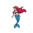 This pixel art mermaid strikes a graceful pose, her vibrant red hair and blue tail popping against a stark background. Her serene expression and classic design evoke a charming, nostalgic feel.