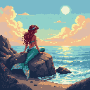 A pixel art mermaid with flowing reddish-brown hair sits on a rock, gazing wistfully at the serene ocean and colorful sky. Her teal tail and seashell top complement the warm sunset hues, creating a peaceful and slightly melancholic scene.
