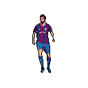 This pixel art image presents a retro-styled football player, instantly recognizable in his FC Barcelona kit. The minimalist design and dark background highlight the iconic figure, evoking a sense of classic video game nostalgia.