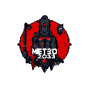 This pixel art depicts a heavily armored figure from "Metro 2033," its stoic form dominating a textured red backdrop. The imposing design and limited color palette evoke a gritty, dystopian atmosphere.