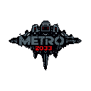 This pixel art logo for METRO 2033 features the title integrated with imposing metallic structures. Ominous red accents highlight the industrial design, while the blood-red "2033" and decaying details evoke a dark, post-apocalyptic atmosphere.