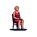A pixel art woman sits in stark isolation, her surprised expression suggesting a moment of tense anticipation or reaction. The muted color palette and simple design amplify the subject's palpable emotion and create a dramatic, contemplative mood.