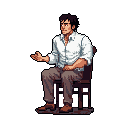 A pixel art image captures a man in contemplation, seated with an open hand gesture, as if mid-conversation. His expression and posture evoke a moment of thoughtful pause.