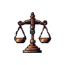 This pixel art image showcases balanced antique scales of justice, rendered in warm metallic tones with a striking teal jewel accent. The detailed design and perfect equilibrium evoke a sense of fairness and classic dignity.