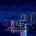 A pixel art cityscape glows at night, with illuminated buildings reflecting in the water below. Sparse stars dot the deep blue sky above the serene scene.