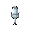 This pixel art image showcases a detailed, vintage microphone rendered in cool grays and whites. Isolated against a black background, the design evokes a sense of classic audio recording and timeless elegance.