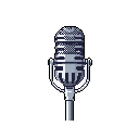 This pixel art piece showcases a vintage microphone against a stark black backdrop, rendered in meticulous detail with shades of gray. The monochromatic design and intricate pixel work evoke a sense of classic elegance and broadcasting nostalgia.