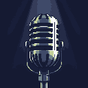 A vintage microphone, rendered in detailed pixel art, stands ready under a dramatic spotlight. The image evokes a sense of anticipation and nostalgia, highlighting the iconic design with a cool, monochromatic palette.