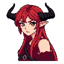 This pixel art portrait depicts a serious, horned woman with flowing red hair and elven features. Dressed in rugged clothing, she gazes pensively to the side, hinting at a mysterious fantasy narrative.