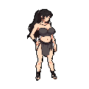 A pixel art warrior woman with flowing black hair stands poised in earthy-toned tribal attire, her neutral expression hinting at a stoic and mysterious nature. She's rendered in a muted palette, evoking a primal fantasy setting.