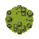 This pixel art showcases a simple, isolated village from above, its earthy-toned buildings clustered on a patch of green. The scene evokes a sense of forgotten times, with small red objects hinting at untold stories within the settlement.
