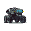 A retro-futuristic, six-wheeled rover dominates this pixel art image. The gray and black vehicle, accented with blue and yellow, evokes a sense of rugged industrial exploration.