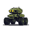 A pixel art image showcases a heavily armored, olive green military vehicle, complete with a turret and forward-facing sensors, presented in a serious, technological style.