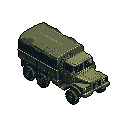 This pixel art image showcases a stationary, olive green military truck with a covered cargo bed, rendered in isometric view with a retro, blocky aesthetic. The heavy-duty vehicle evokes a sense of utilitarian functionality.