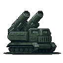 This pixel art showcases a heavily armed missile launcher on tracks, its tubes raised in a display of military might. The vehicle's green and gray palette and blocky design evoke a sense of serious readiness.