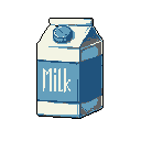 This pixel art image features a slightly angled carton of milk against a black background. The simple design utilizes cool tones and subtle shading to create a nostalgic depiction of the everyday dairy staple, complete with the word "MILK" emblazoned on its blue band.