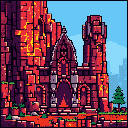 A majestic, pixelated temple entrance carved into red rock dominates the scene, showcasing ornate archways and spired details. The ancient structure evokes a sense of mystery and forgotten lore.