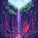 A vibrant pixel art scene depicts a fantastical canyon with a distant waterfall and a mysterious, glowing red portal nestled within its depths. The otherworldly landscape, rendered in striking purples, pinks, and blues, invites viewers into a realm of wonder and unknown magic.
