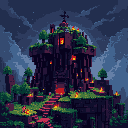 A mystical, multi-tiered pixel art castle dominates the frame, built into a rugged hill beneath a cloudy night sky. Warm lights glow from within the ancient fortress, creating an enchanting and mysterious atmosphere.