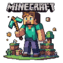Minecraft's Steve stands ready for adventure, pickaxe in hand, amidst a pixelated landscape complete with a perched bird and floating resource blocks. This iconic hero embodies the essence of building, exploring, and the game's nostalgic charm.