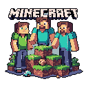 Three pixelated Steve variants from Minecraft gather around a humble pile of dirt blocks, complete with a golden apple, pickaxe, and baby turtle. The image captures a nostalgic and friendly vibe, celebrating the iconic character's evolution and the game's familiar elements.