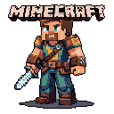 This pixel art image features a confident, adventurous character with a sword, sporting a friendly smirk under the title "MIMECRAFT." His detailed outfit and metallic accents give him a heroic vibe against the stark black backdrop.