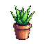 This pixel art showcases a potted aloe vera, its spiky leaves rendered in vibrant greens against a classic terracotta pot. The simple subject matter and careful shading create a calm, digital still life.
