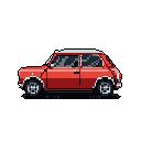 This pixel art image showcases a meticulously detailed, red Mini Cooper-style car in profile, its iconic design highlighted against a stark black background. The vibrant colors and clean lines evoke a sense of nostalgia, celebrating this classic vehicle.