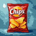 A vibrant red bag of chips, boldly labeled "Chips," stands proudly amidst scattered golden potato chips. The pixel art style evokes a nostalgic snack craving with its clean lines and inviting colors.