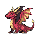 A charming, pixelated red and gold dragon sits calmly against a black backdrop, its alert gaze hinting at gentle power. This fantasy creature's warm color palette and stylized form evoke a sense of wonder and quiet strength.