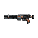 This pixel art showcases a formidable, multi-barreled gatling gun with intricate metallic details and warm orange-brown accents. The weapon's design evokes a powerful, high-firepower aesthetic, hinting at a science fiction or post-apocalyptic origin.