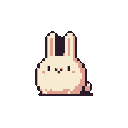 This pixel art image features a cute, plump rabbit in a resting pose, rendered in soft pastel colors against a stark black background. Its simple, charming design and gentle expression evoke a sense of innocence and nostalgia.