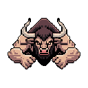 This pixel art showcases a powerful, muscular minotaur-like creature with striking horns and an intense gaze. The formidable figure, rendered in earthy tones, exudes raw power and intimidation against a stark black background. It evokes the feeling of a boss character ready for action.